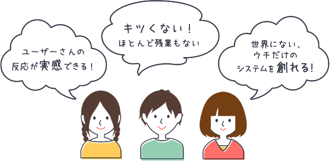 ユーザーさんの反応が実感できる!きつくない。ほとんど残業もない!世界にない、ウチだけのシステムを創れる!